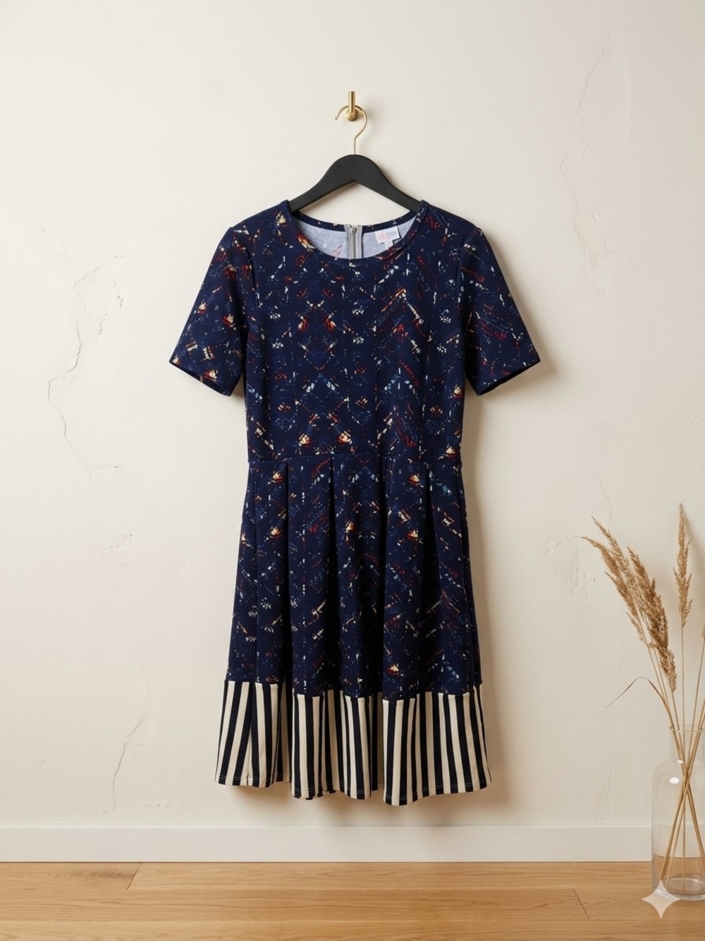 LuLaRoe  Unicorn Navy Printed Short-Sleeve Fit & Flare Dress with Striped Hem